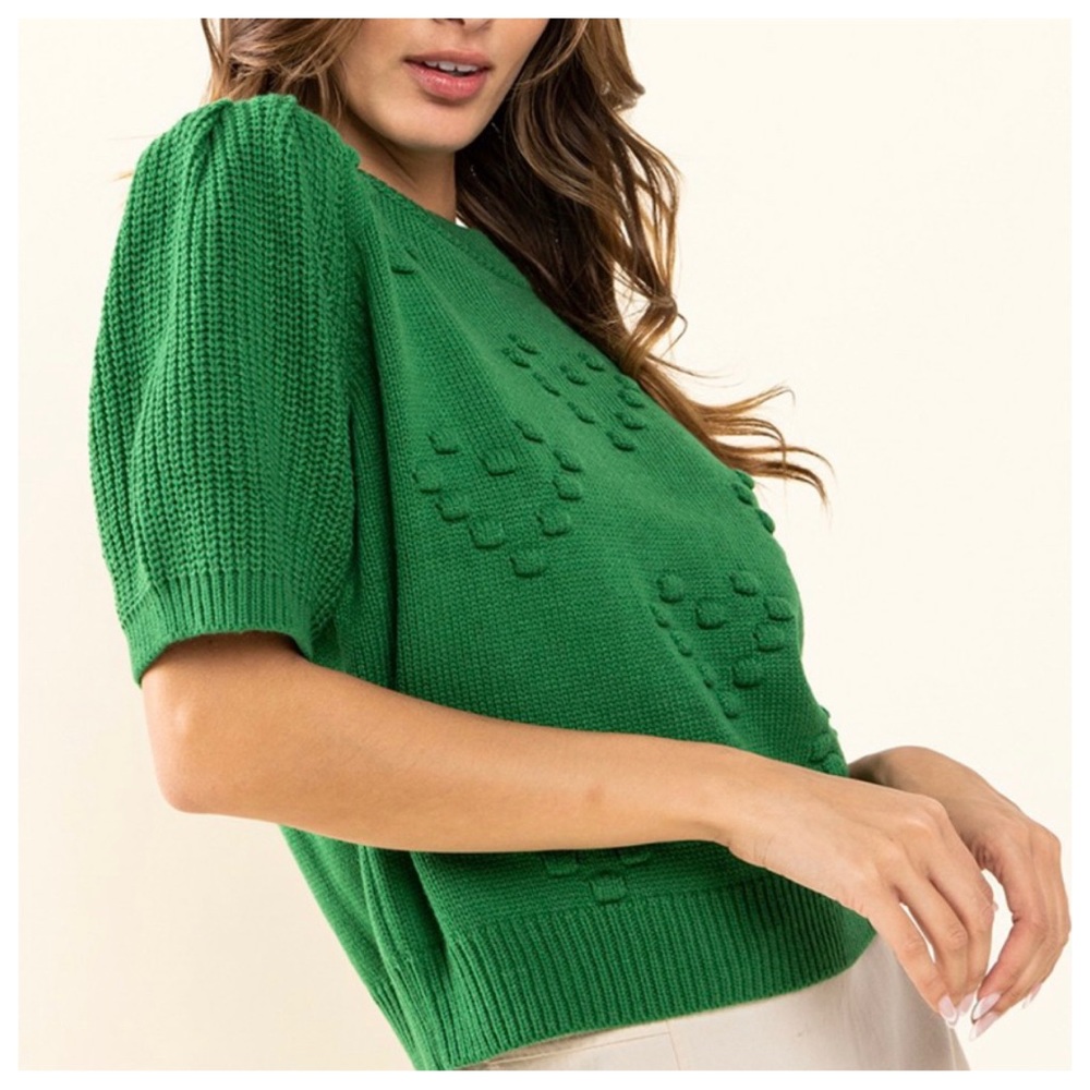 21 3D Heart Textured Balloon Sleeve Knit Sweater Top - Picture 3 of 5